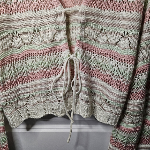 Boho Pastel Crochet Tie Front Cardigan Sweater XL Cottagecore Spring Bohemian - Picture 6 of 12